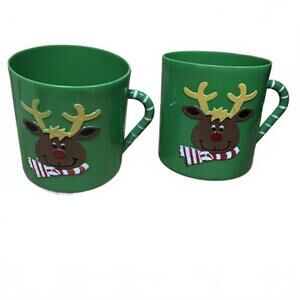 Vintage Green Rudolf Christmas Kids Mugs - Set of 2 - 1950’s